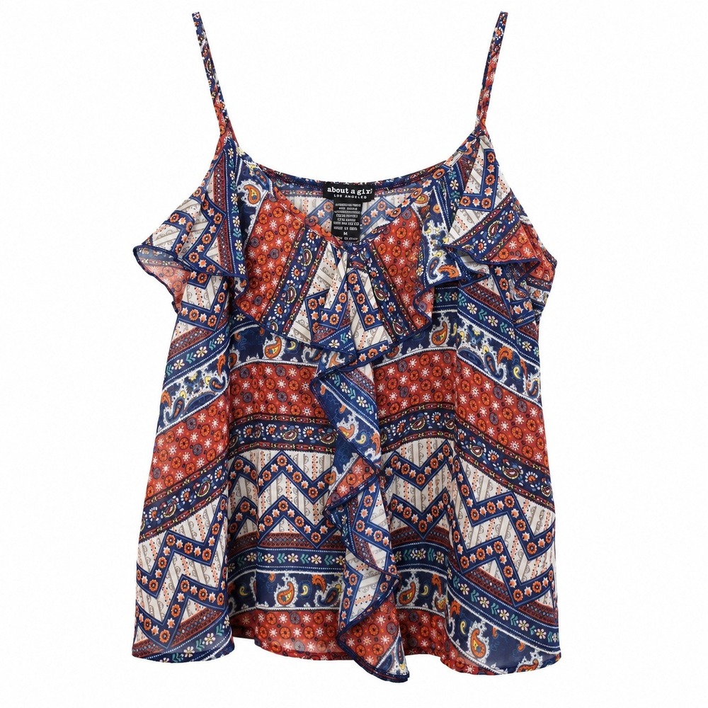 About A Girl Ruffle Camisole Womens Medium Blue Red Paisley Boho Excellent Top